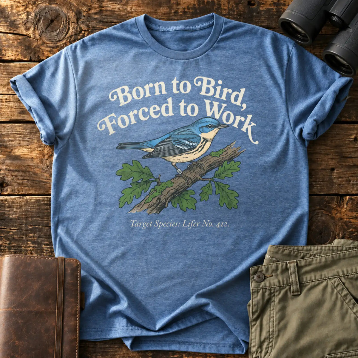 Born to Bird, Forced to Work Tee — Heather Indigo