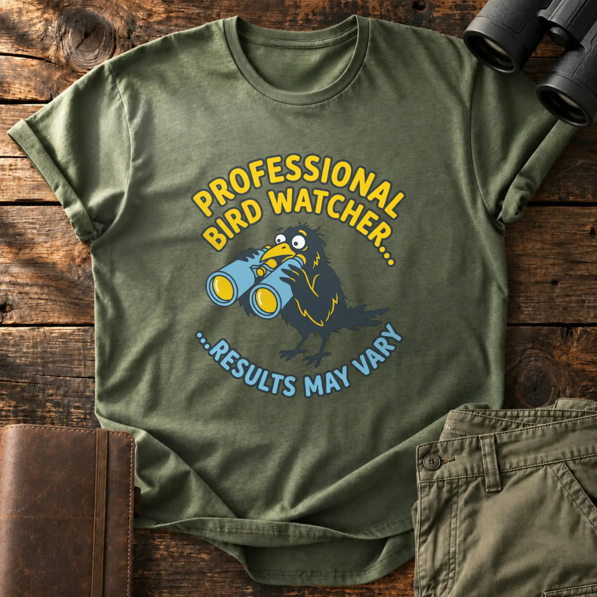 Professional Bird Watcher Comic Tee — Military Green