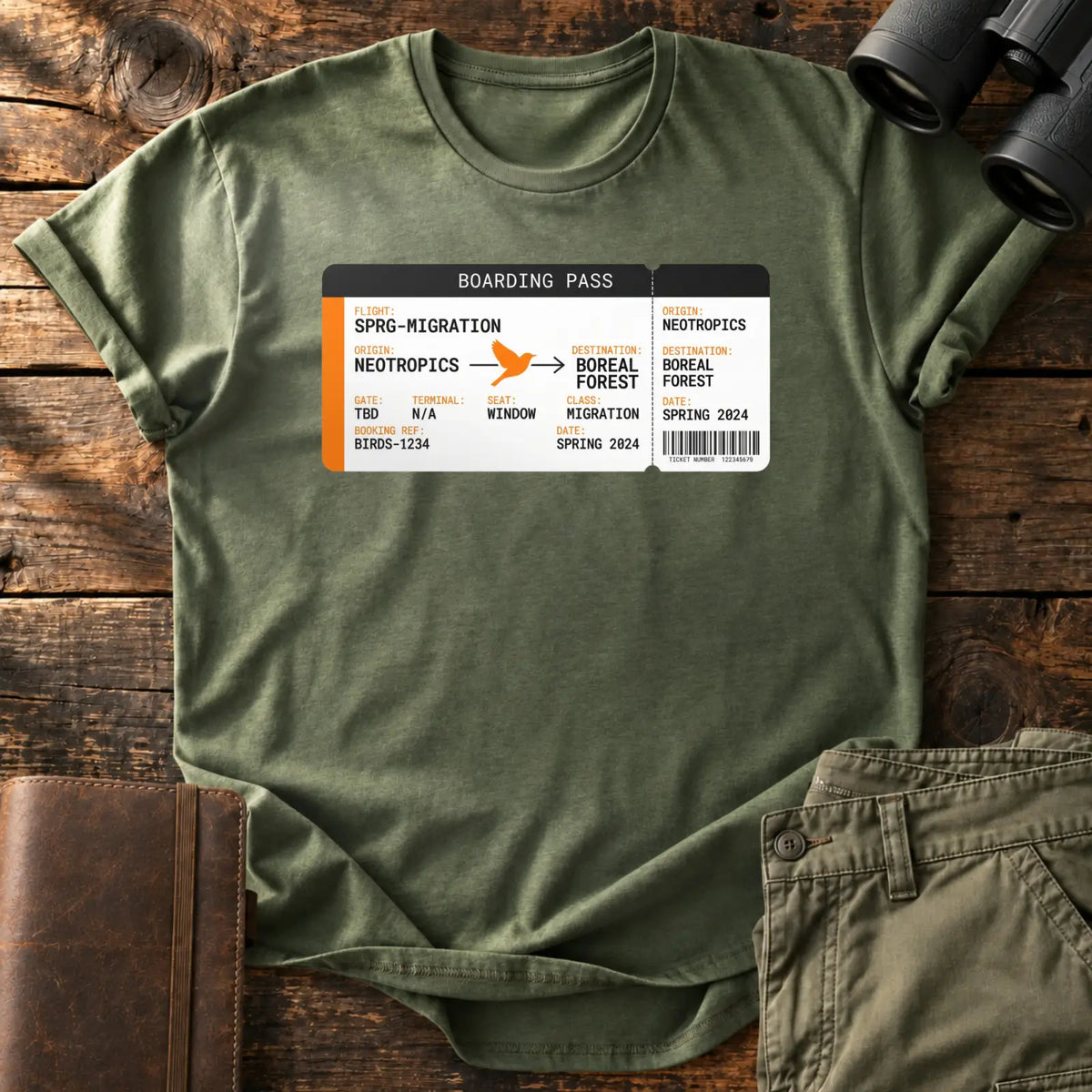 Spring Migration Boarding Pass Tee — Military Green